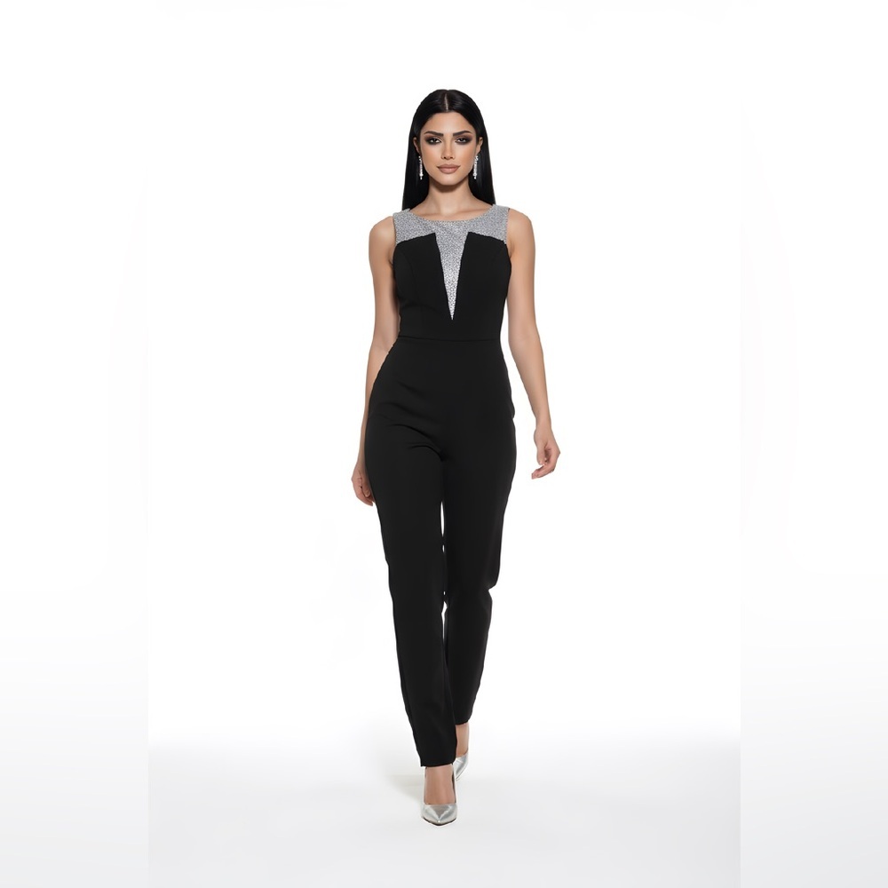 Black Color-Block Sleeveless Jumpsuit with Silver Panel Accent Size 2‎